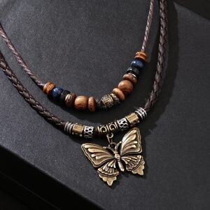 Butterfly Retro Necklace Faux Leather Beads Bohemian Bronze Casual Jewelry